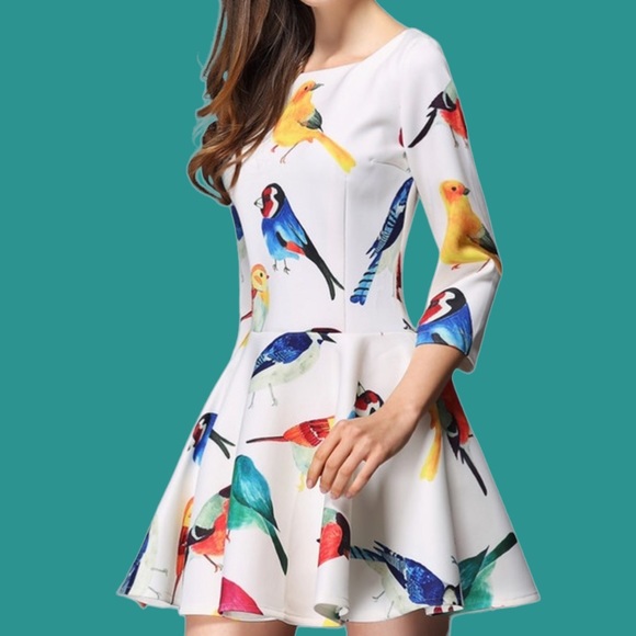NWT White Peplum Drop Waist Multicolor Bird Print Scuba Mini Dress - Picture 7 of 10